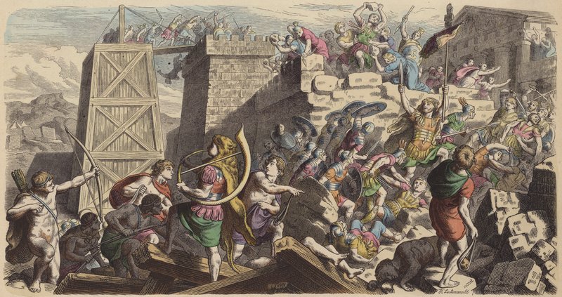 Romeinse soldaten bestormen een stad (gekleurde gravure) door Heinrich Leutemann
