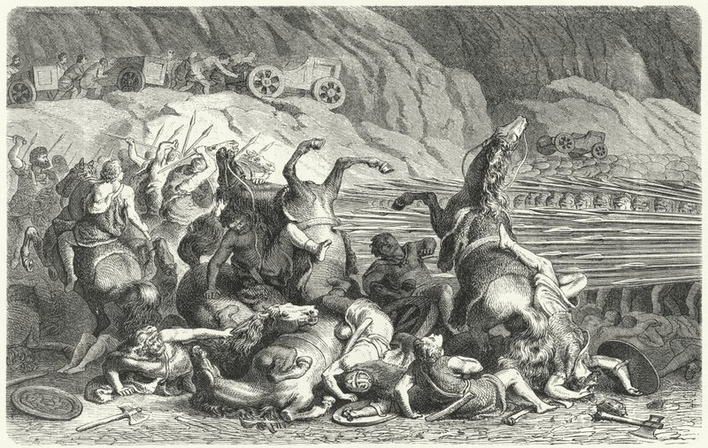 Romeinen die zich in falanxformatie opstellen tegen Thracische cavalerie door Heinrich Leutemann