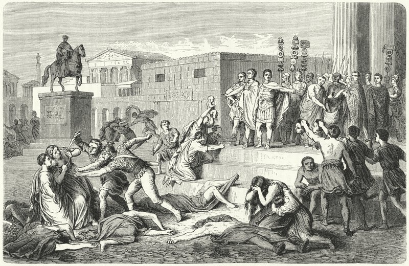 Het triumviraat van Marcus Antonius, Marcus Aemilius Lepidus en Octavianus die proscripties uitroepen tegen hun politieke vijanden, 43 v.Chr. door Heinrich Leutemann