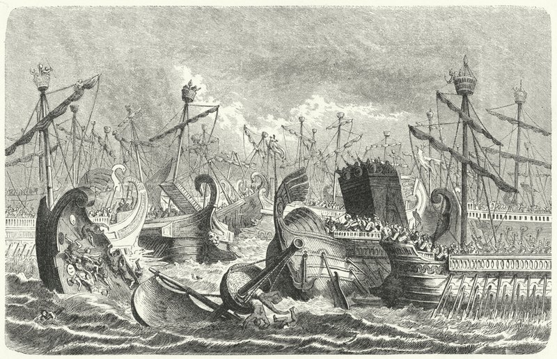 Overwinning van de Romeinse vloot op de Carthagers bij de Slag bij de Aegates, 241 v.Chr. (gravure) door Heinrich Leutemann