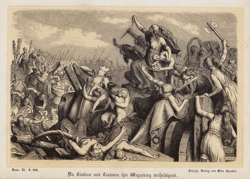 Vrouwen van de Cimbri en Teutonen verdedigen hun bagagetrein tegen de Romeinen (gravure) door Heinrich Leutemann