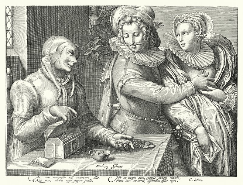 Een jonge man kiest voor liefde voor schoonheid boven rijkdom (gravure) door Hendrik (after) Goltzius