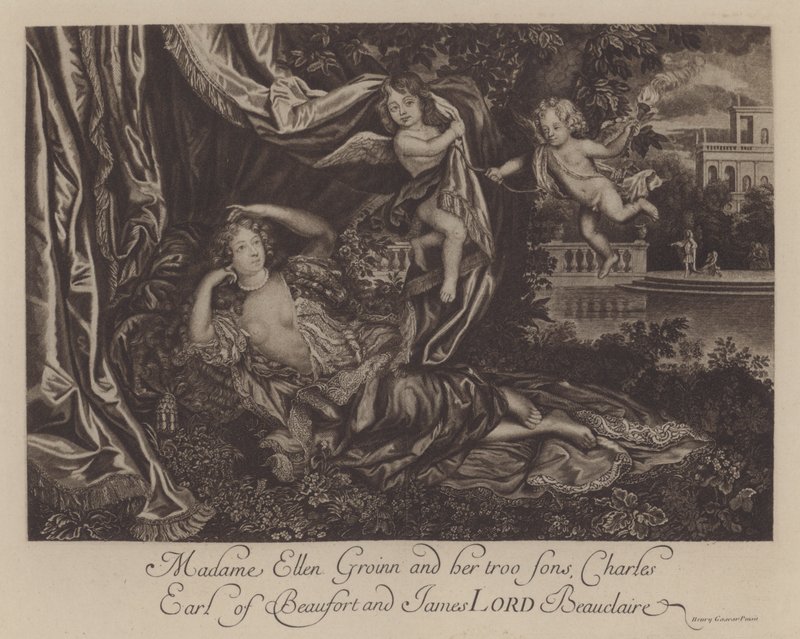 Nell Gwyn en haar twee zonen, Charles, Graaf van Burford, en James, Lord Beauclerk (gravure) door Henri Gascar