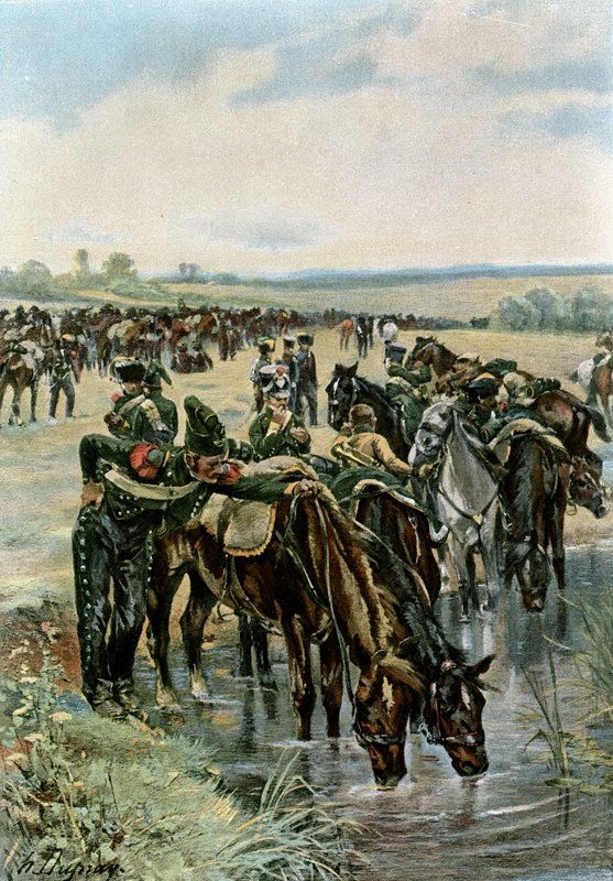 Kolonel Castex voedt de paarden voor een aanval door Henri Louis Dupray