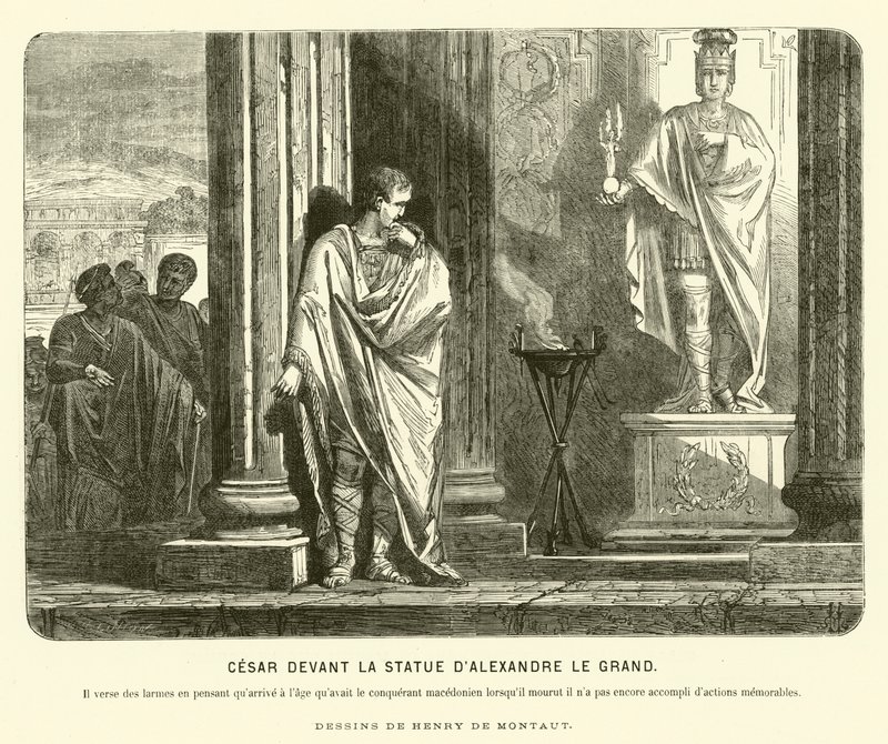 Julius Caesar voor een standbeeld van Alexander de Grote in Spanje, klagend over de omvang van zijn prestaties vergeleken met die van Alexander op dezelfde leeftijd als zijn dood, c67 v.Chr. door Henri de (after) Montaut