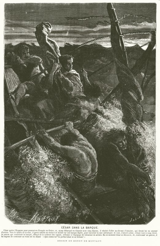 Julius Caesar, vermomd als slaaf, onthult zijn identiteit aan de bemanning van een boot die in een storm is terechtgekomen tijdens het oversteken van de Adriatische Zee, 48 v.Chr. door Henri de (after) Montaut
