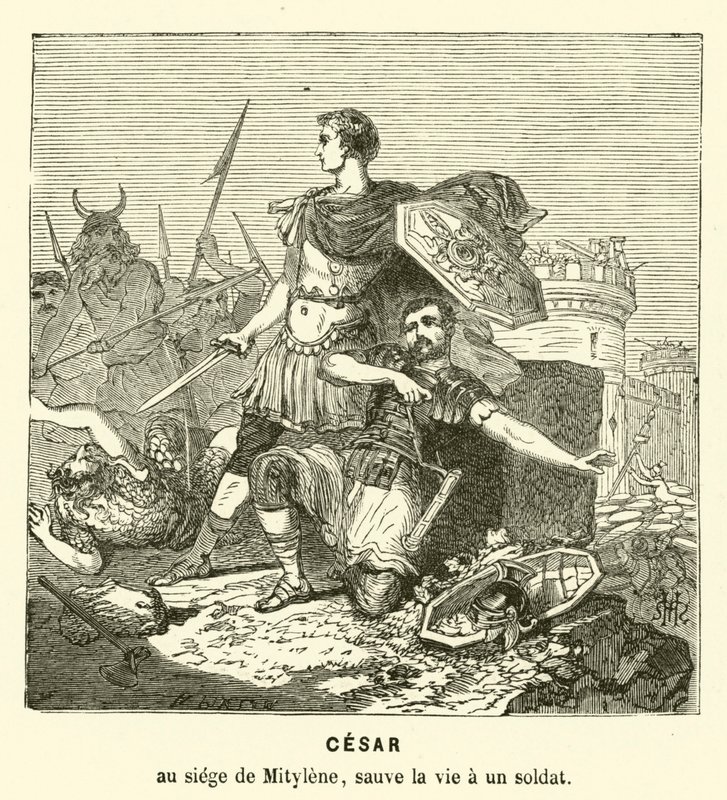 Julius Caesar redt het leven van een soldaat bij het Beleg van Mitylene, Lesbos, Griekenland, 81 v.Chr. door Henri de (after) Montaut