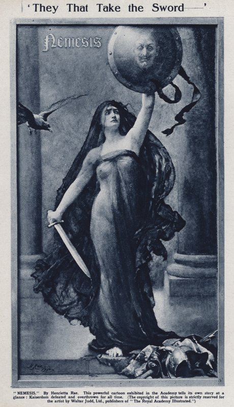 Nemesis, cartoon over de nederlaag van keizer Wilhelm II en Duitsland in de Eerste Wereldoorlog tentoongesteld in de Royal Academy door Henrietta (after) Rae