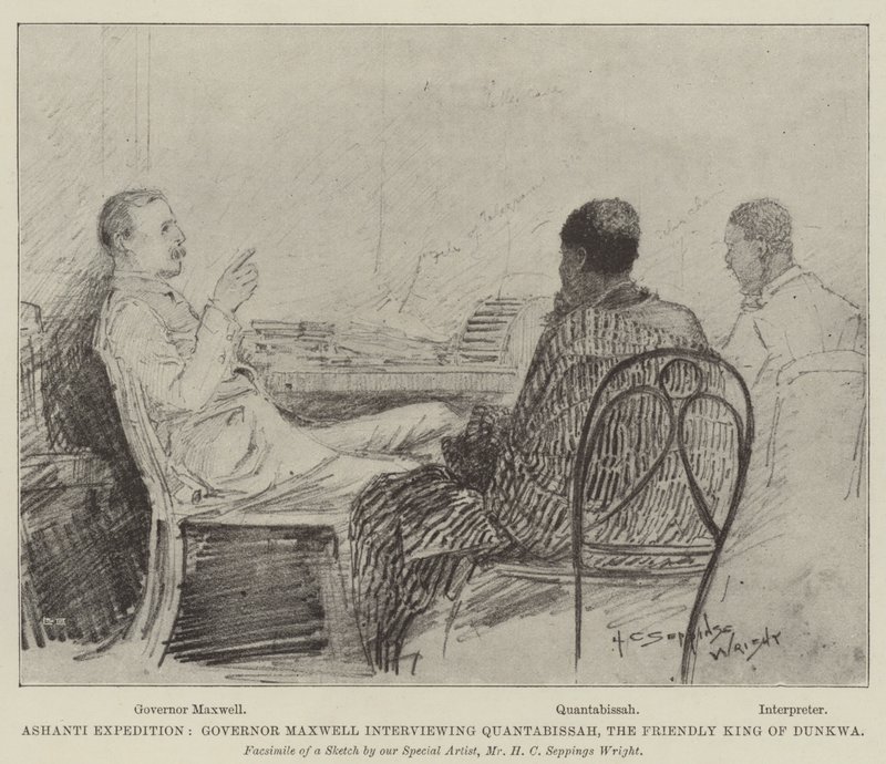 Ashanti-expeditie, gouverneur Maxwell interviewt Quantabissah, de vriendelijke koning van Dunkwa door Henry Charles Seppings Wright