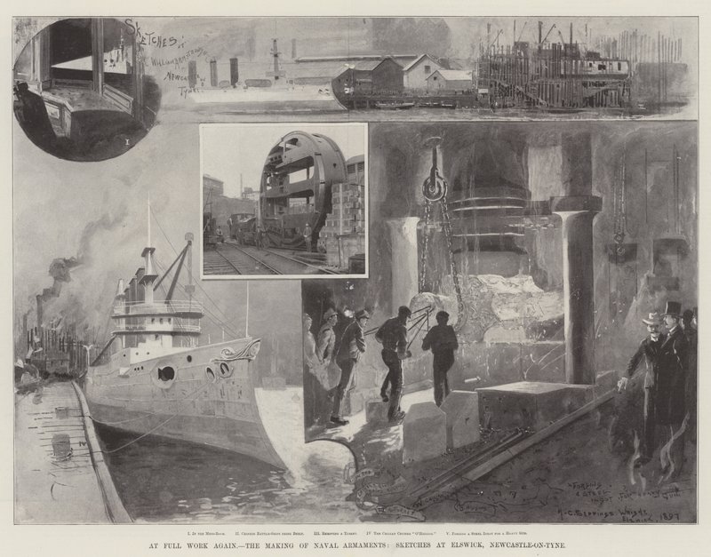 Weer volledig aan het werk, de productie van marinebewapening, schetsen in Elswick, Newcastle-on-Tyne door Henry Charles Seppings Wright