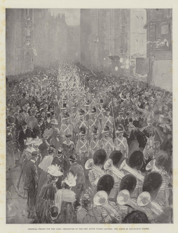Koloniale troepen voor de Kaap, vertrek van de New South Wales Lancers, de scène in Fenchurch Street door Henry Charles Seppings Wright