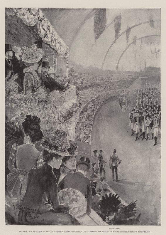 Verdediging, geen uitdaging, de vrijwilligersoptocht (1798-1900) voor de Prins van Wales bij het militaire toernooi door Henry Charles Seppings Wright
