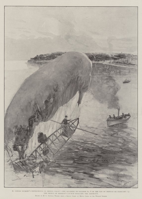 De experimenten van M Santos Dumont in Monte Carlo, het ongeluk met ballon nr. 6 in de baai van Monaco op 14 februari, de lancering van de prins van Monaco die de luchtvaarder redt door Henry Charles Seppings Wright