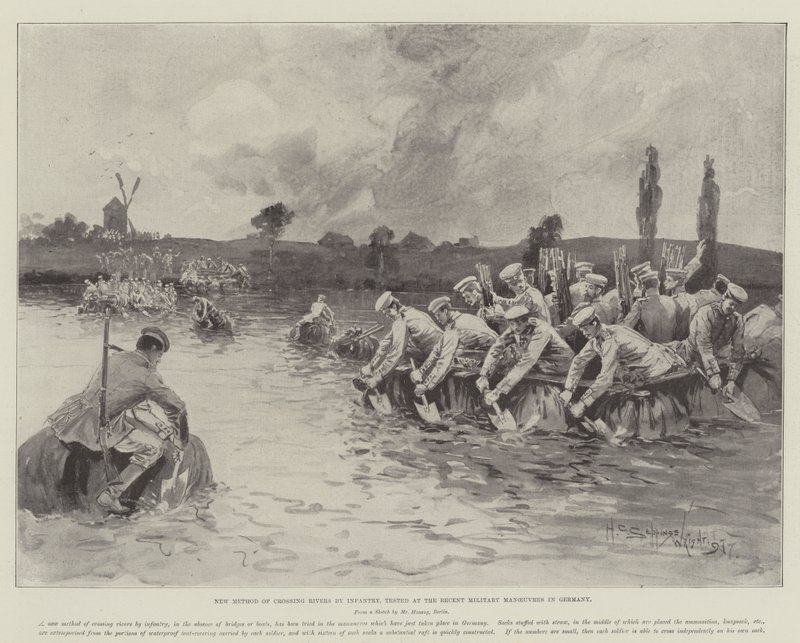 Nieuwe Methode om Rivieren over te steken door Infanterie, getest bij de Recente Militaire Manoeuvres in Duitsland door Henry Charles Seppings Wright