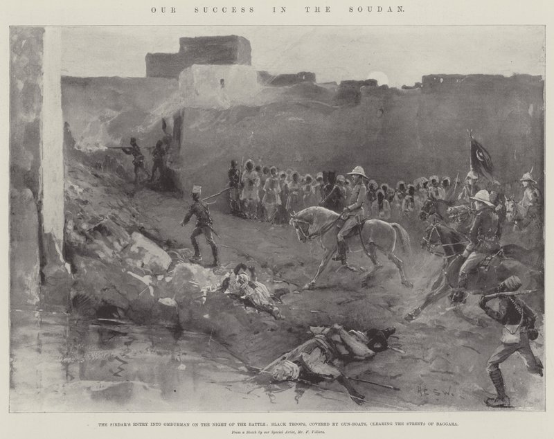 Ons succes in de Soedan, de intocht van de Sirdar in Omdurman op de avond van de slag, zwarte troepen, gedekt door kanonneerboten, ruimen de straten van Baggara door Henry Charles Seppings Wright