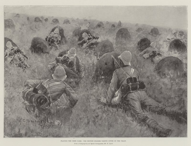 Het Boerspel spelen, de Britse soldaat die dekking zoekt op de Veldt door Henry Charles Seppings Wright