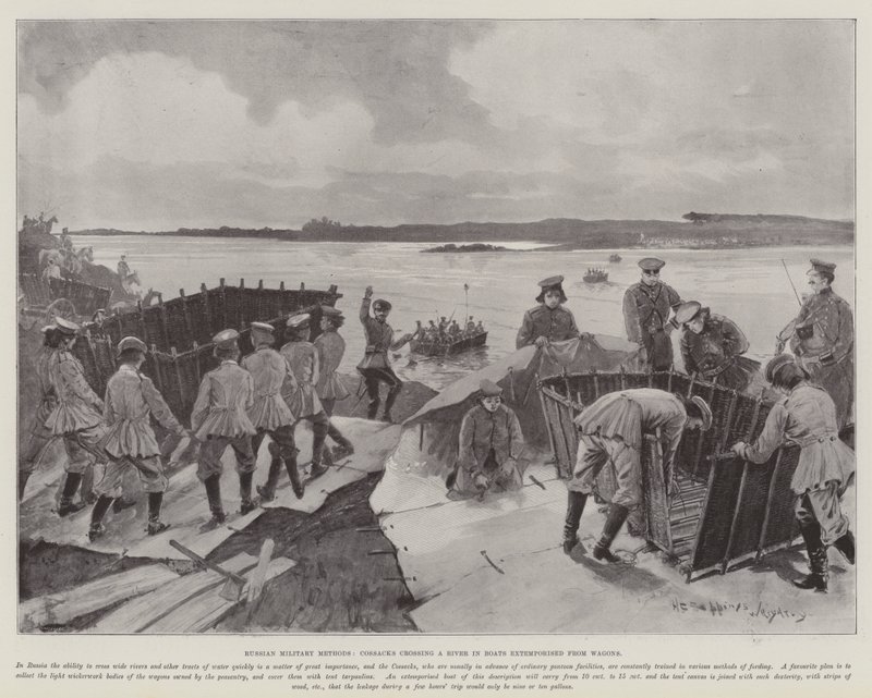 Russische militaire methoden, Kozakken steken een rivier over in boten geïmproviseerd van wagens door Henry Charles Seppings Wright
