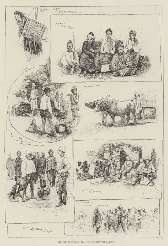 Schetsen in Birma, omgaan met gevangen Dacoits door Henry Charles Seppings Wright
