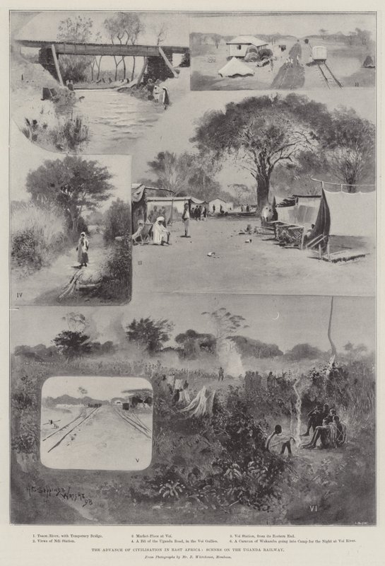 De vooruitgang van de beschaving in Oost-Afrika, scènes op de Oeganda-spoorweg door Henry Charles Seppings Wright