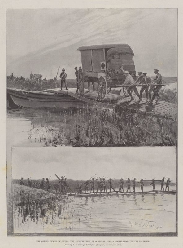 De Geallieerde Troepen in China, de Bouw van een Brug over een Kreek nabij de Pei-ho Rivier door Henry Charles Seppings Wright
