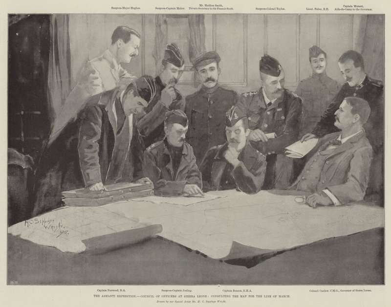 De Ashanti-expeditie, raad van officieren in Sierra Leone, overleg over de marsroute door Henry Charles Seppings Wright