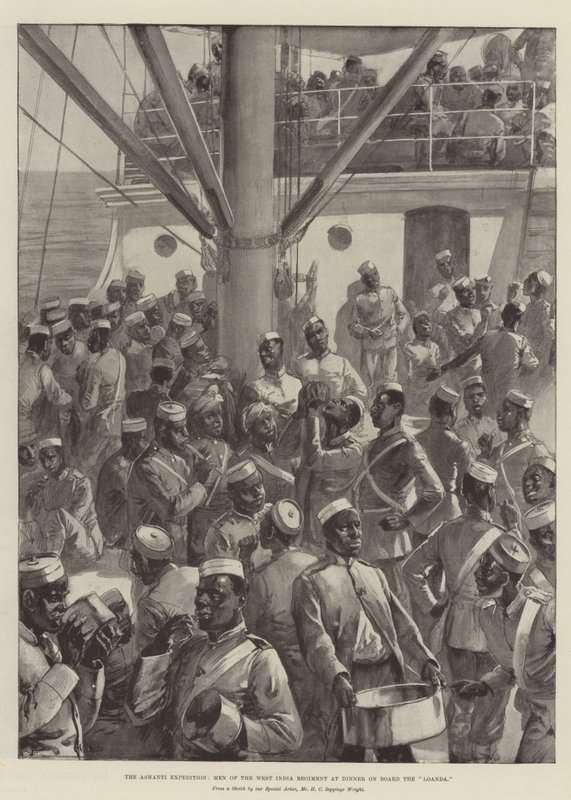 De Ashanti-expeditie, mannen van het West India Regiment aan het diner aan boord van de Loanda door Henry Charles Seppings Wright