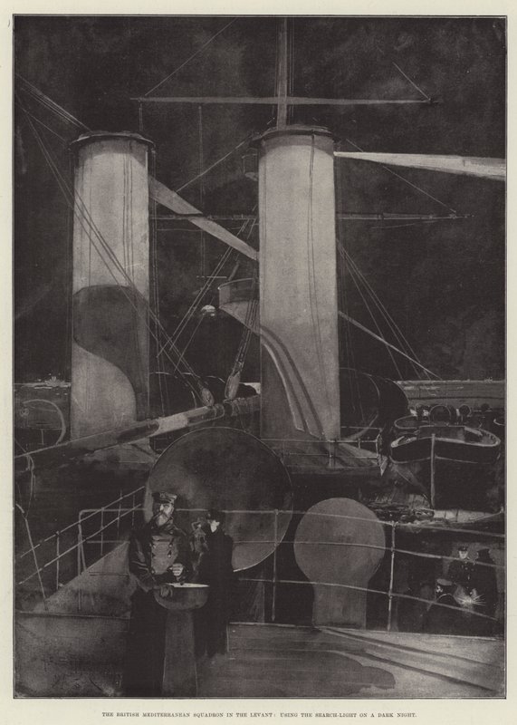 Het Britse Middellandse Zee-eskader in de Levant, gebruik van de zoeklicht op een donkere nacht door Henry Charles Seppings Wright