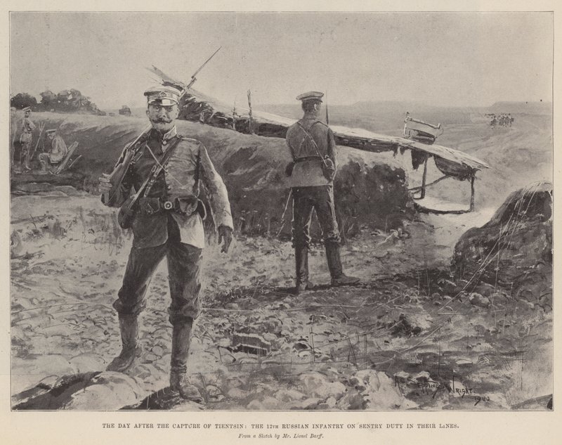 De dag na de verovering van Tientsin, de 12e Russische infanterie op wacht in hun linies door Henry Charles Seppings Wright