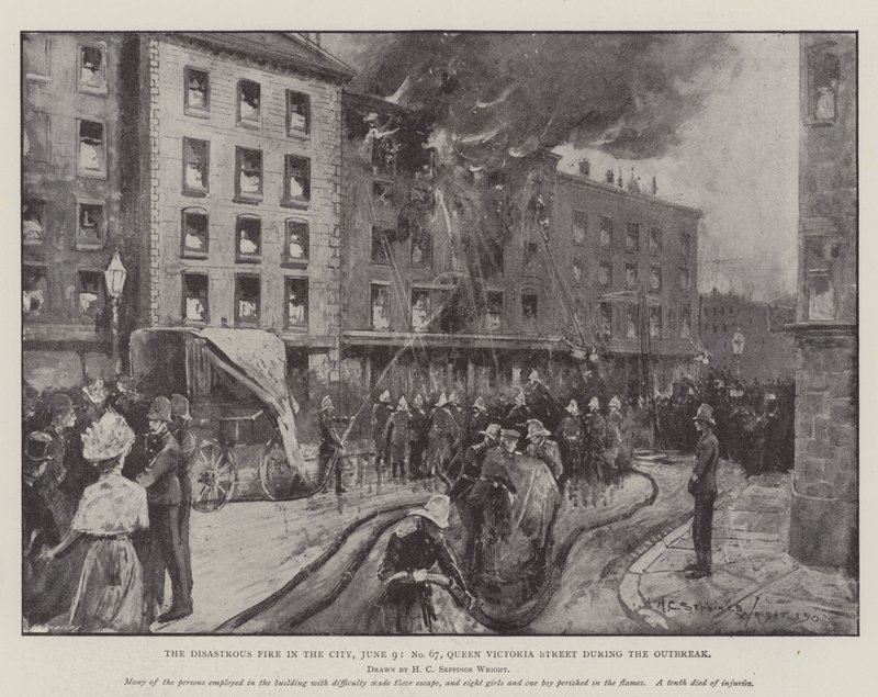 De rampzalige brand in de stad, 9 juni, Queen Victoria Street tijdens de uitbraak door Henry Charles Seppings Wright