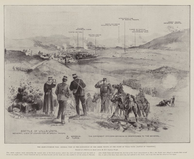 De Grieks-Turkse Oorlog, algemeen overzicht van de opstelling van de Griekse troepen bij de slag van Villa Vista (Slag bij Velestino) door Henry Charles Seppings Wright