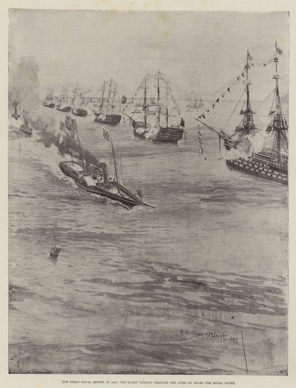 De grote marineparade in 1856, de koningin passeert de linies aan boord van het koninklijke jacht door Henry Charles Seppings Wright