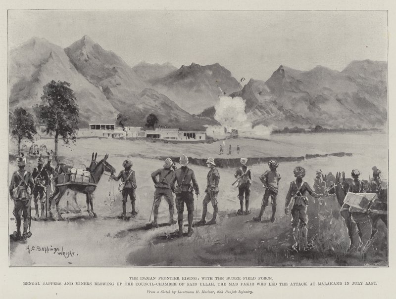 De opstand aan de Indiase grens, met de Buner Field Force, Bengal Sappers en Miners die de raadskamer van Said Ullah opblazen, de Mad Fakir die de aanval op Malakand in juli leidde door Henry Charles Seppings Wright