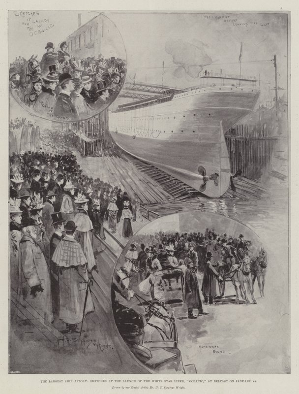Het Grootste Schip ter Wereld, Schetsen bij de Lancering van de White Star Liner, Oceanic, in Belfast op 14 januari door Henry Charles Seppings Wright