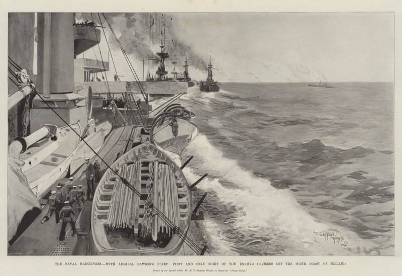 De marine-oefeningen, met de vloot van admiraal Rawson, eerste en enige zicht op de kruisers van de vijand voor de zuidkust van Ierland door Henry Charles Seppings Wright
