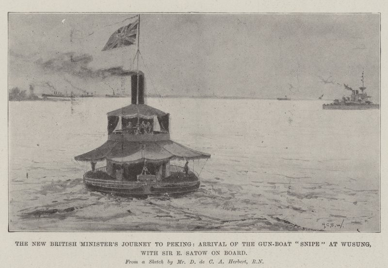 De reis van de nieuwe Britse minister naar Peking, aankomst van de kanonneerboot Snipe bij Wusung, met Sir E Satow aan boord door Henry Charles Seppings Wright