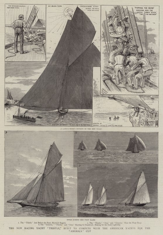 De Nieuwe Racejacht Thistle, gebouwd om te concurreren met de Amerikaanse Jachten voor de America Cup door Henry Charles Seppings Wright