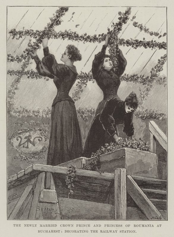 De Pasgetrouwde Kroonprins en Prinses van Roemenië in Boekarest, het Versieren van het Treinstation door Henry Charles Seppings Wright