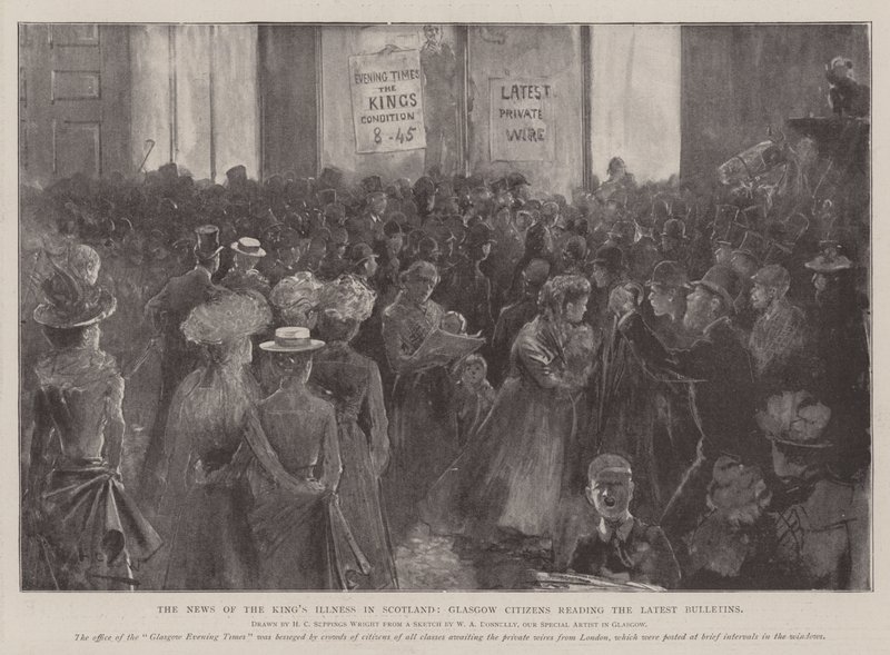 Het Nieuws van de Ziekte van de Koning in Schotland, Burgers van Glasgow lezen de Laatste Bulletins door Henry Charles Seppings Wright