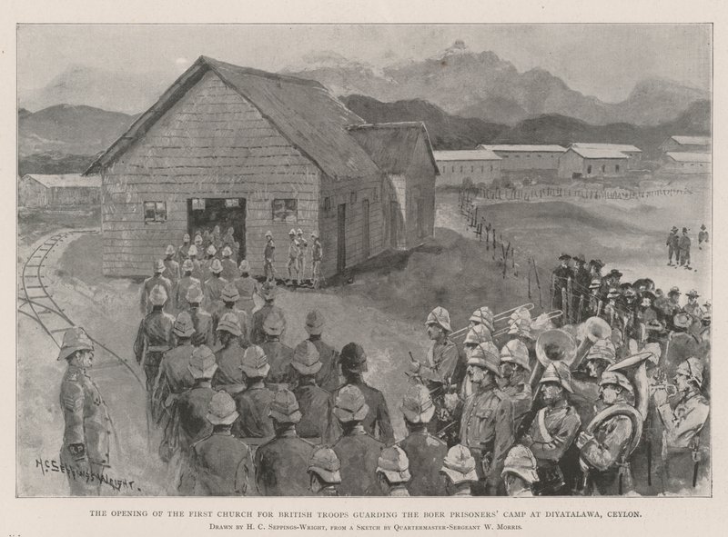 De opening van de eerste kerk voor Britse troepen die het Boerkamp bewaken in Diyatalawa, Ceylon door Henry Charles Seppings Wright