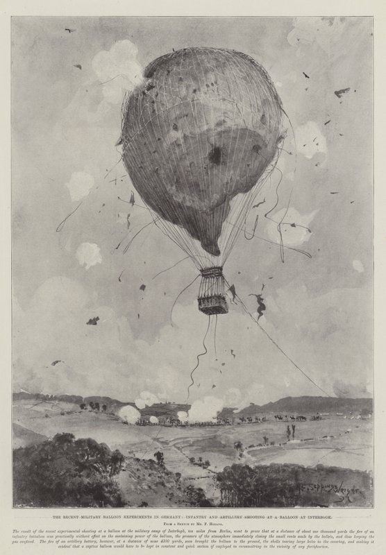 De Recente Militaire Ballon Experimenten in Duitsland, Infanterie en Artillerie schieten op een Ballon bij Interbogk door Henry Charles Seppings Wright