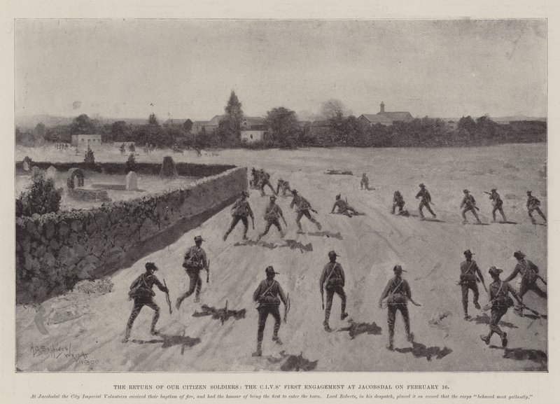 De terugkeer van onze burger-soldaten, de eerste betrokkenheid van de CIV bij Jacobsdal op 16 februari door Henry Charles Seppings Wright