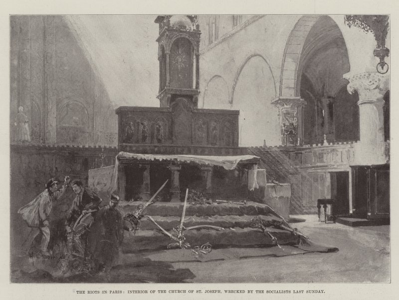 De rellen in Parijs, interieur van de kerk van St. Joseph, verwoest door de socialisten afgelopen zondag door Henry Charles Seppings Wright