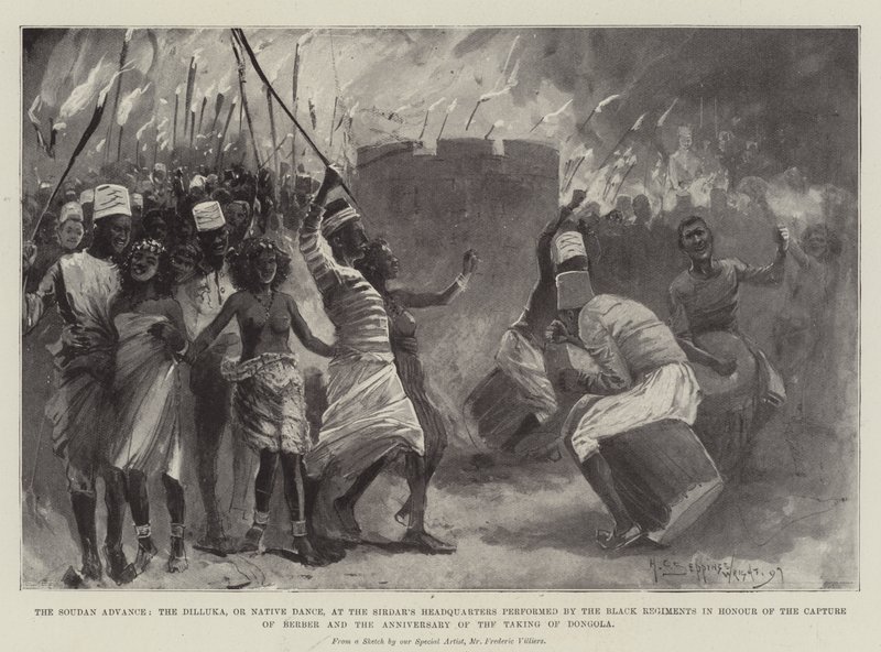 De Soudan Vooruitgang, de Dilluka, of Inheemse Dans, bij het Hoofdkwartier van de Sirdar uitgevoerd door de Zwarte Regimenten ter ere van de Verovering van Berber en de Verjaardag van de Inname van Dongola door Henry Charles Seppings Wright