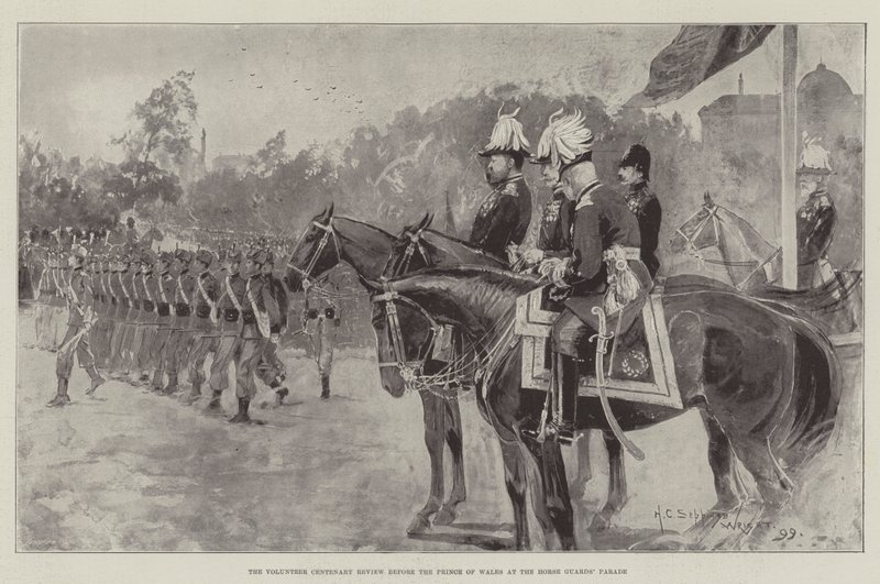 De Vrijwilligers Eeuwfeest Review voor de Prins van Wales op de Horse Guards