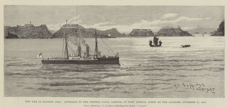 De oorlog in Oost-Azië, benadering van het Chinese marine-arsenaal in Port Arthur, ingenomen door de Japanners op 21 november 1894 door Henry Charles Seppings Wright