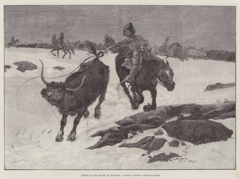 Winter op de vlaktes van Manitoba, cowboys achtervolgen verdwaalde vee door Henry Charles Seppings Wright