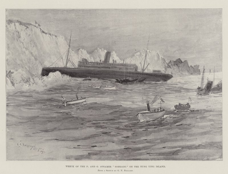 Wrak van de P en O stoomboot Sobraon, op het Tung Ying eiland door Henry Charles Seppings Wright