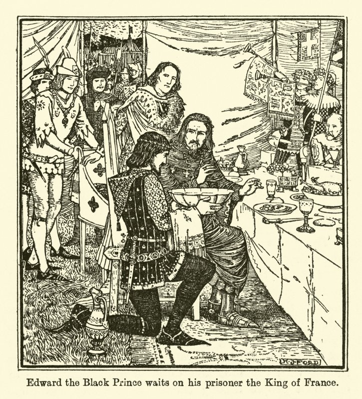 Edward de Zwarte Prins bedient zijn gevangene de Koning van Frankrijk door Henry Justice Ford