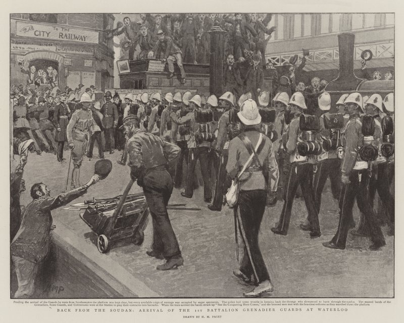 Terug uit Soedan, aankomst van het 1e bataljon Grenadier Guards op Waterloo door Henry Marriott Paget