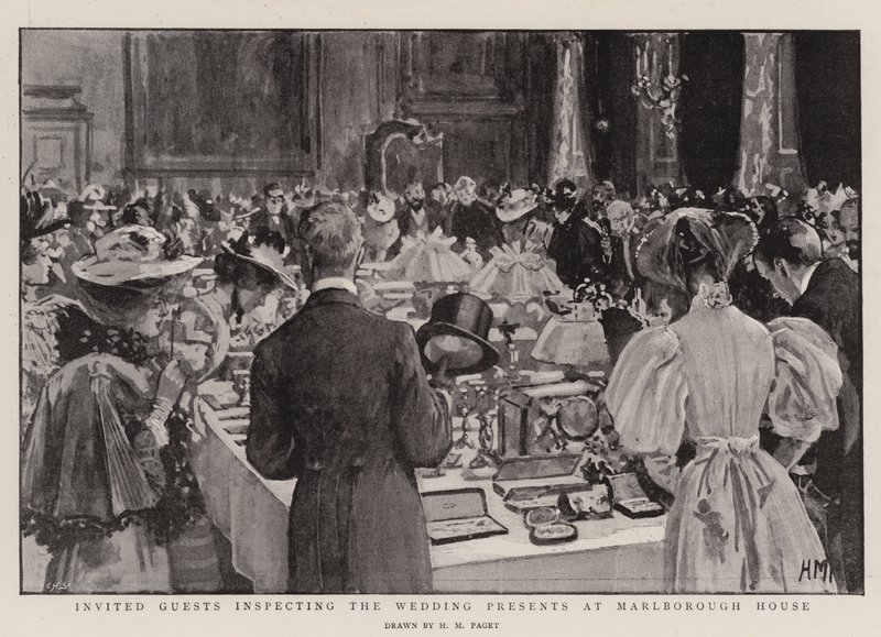 Uitgenodigde Gasten inspecteren de Huwelijkscadeaus in Marlborough House door Henry Marriott Paget